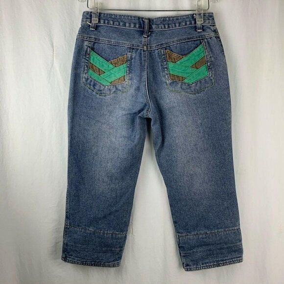 Wear Jeans 28 Med Wash Capri 6 Pocket Zipper Cuffed Color Blocked Button Zip Fly - Picture 9 of 10